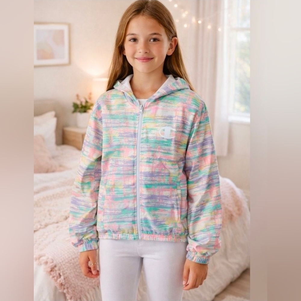 Champion Girl's Pastel Abstract Hooded Zip Up Windbreaker Jacket Size XL